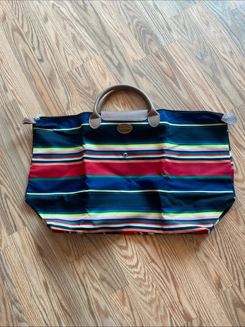 Striped Large Tote Bag with Compactable Design - Multicolor Practical Beach